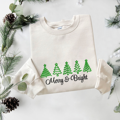 Merry Bright Embroidered Sweatshirt, Christmas Trees Sweatshirt,  Merry Embroidered T Shirt, Sweatshirt For Woman Gift.