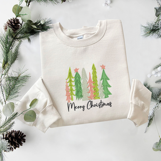 Merry Christmas Embroidered Sweatshirt, Merry Christmas Tree Sweatshirt, Winter Embroidered T Shirt, Sweatshirt For Woman Gift.