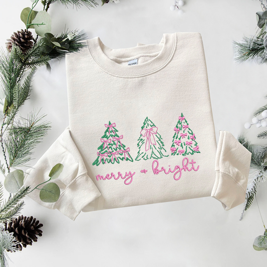 Christmas Tree Embroidered Sweatshirt, Merry And Bright Sweatshirt, Winter Embroidered T Shirt, Sweatshirt For Woman Gift.