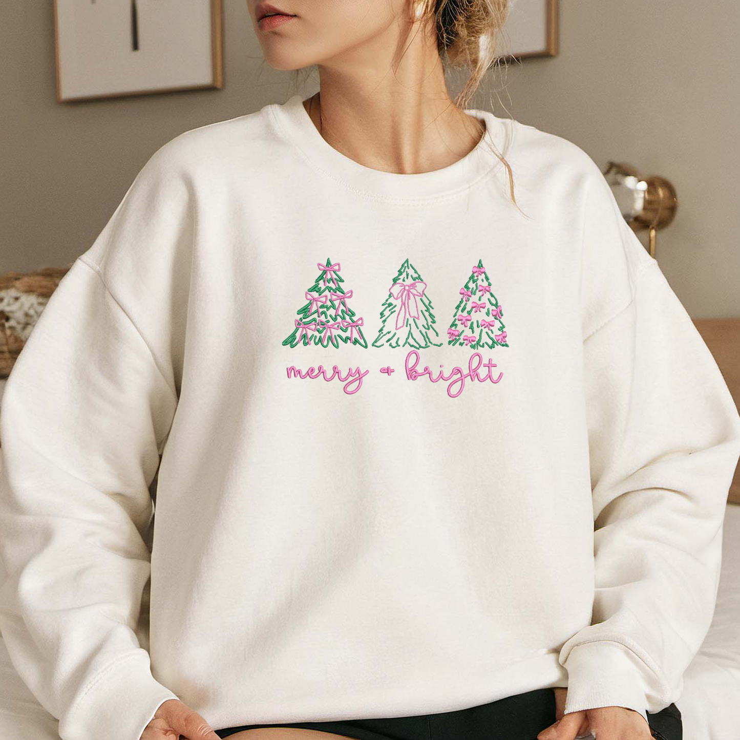 Christmas Tree Embroidered Sweatshirt, Merry And Bright Sweatshirt, Winter Embroidered T Shirt, Sweatshirt For Woman Gift.