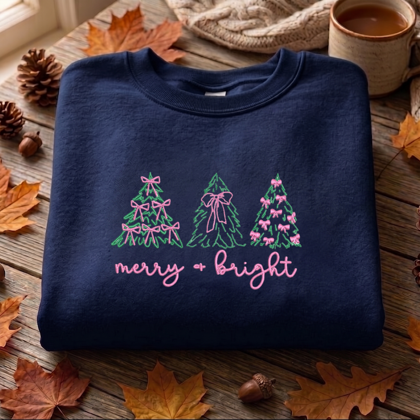 Christmas Tree Embroidered Sweatshirt, Merry And Bright Sweatshirt, Winter Embroidered T Shirt, Sweatshirt For Woman Gift.