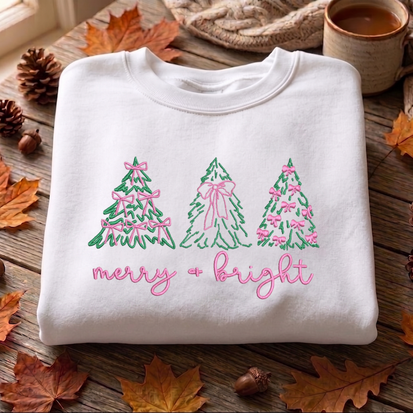 Christmas Tree Embroidered Sweatshirt, Merry And Bright Sweatshirt, Winter Embroidered T Shirt, Sweatshirt For Woman Gift.