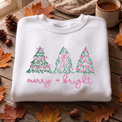 Christmas Tree Embroidered Sweatshirt, Merry And Bright Sweatshirt, Winter Embroidered T Shirt, Sweatshirt For Woman Gift.