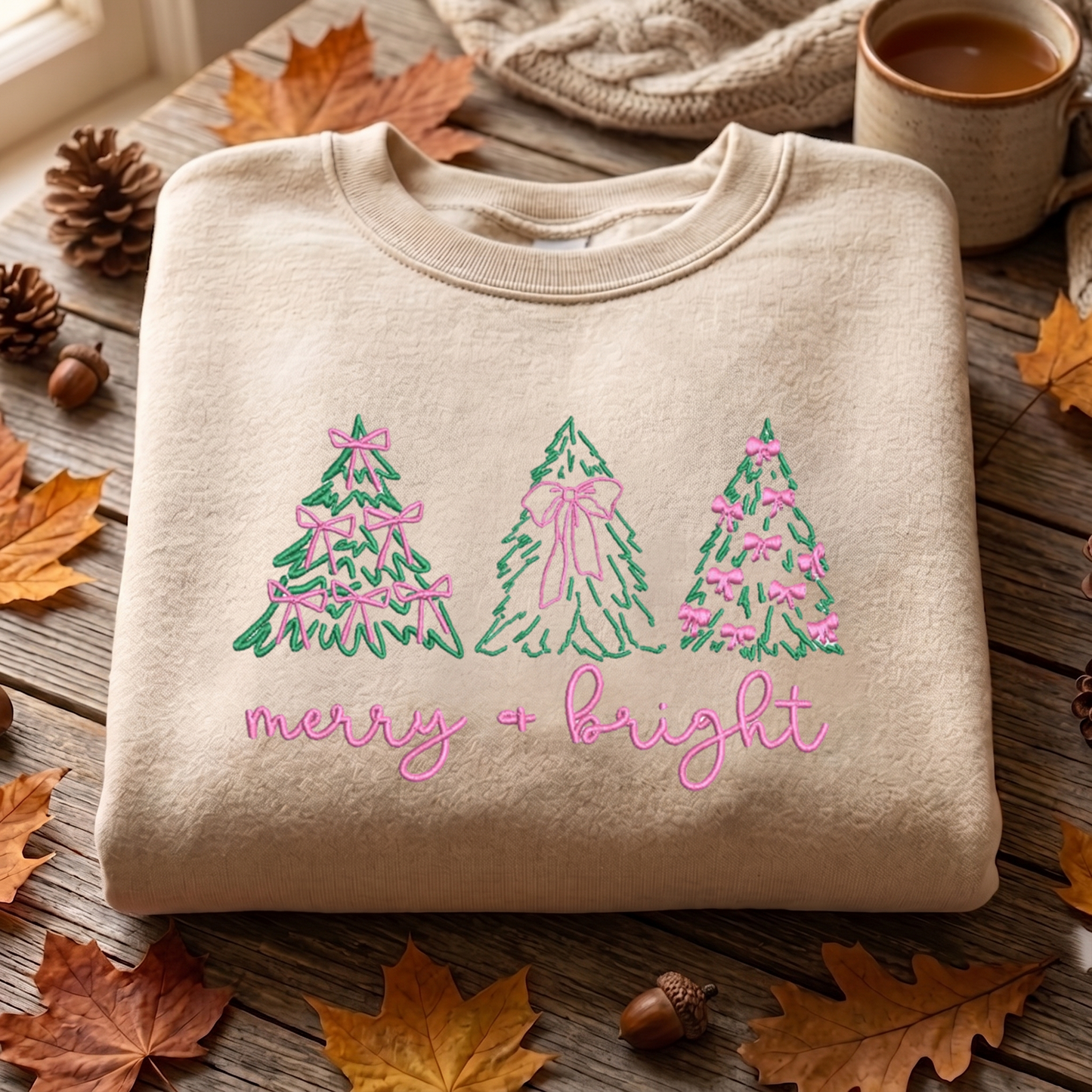 Christmas Tree Embroidered Sweatshirt, Merry And Bright Sweatshirt, Winter Embroidered T Shirt, Sweatshirt For Woman Gift.