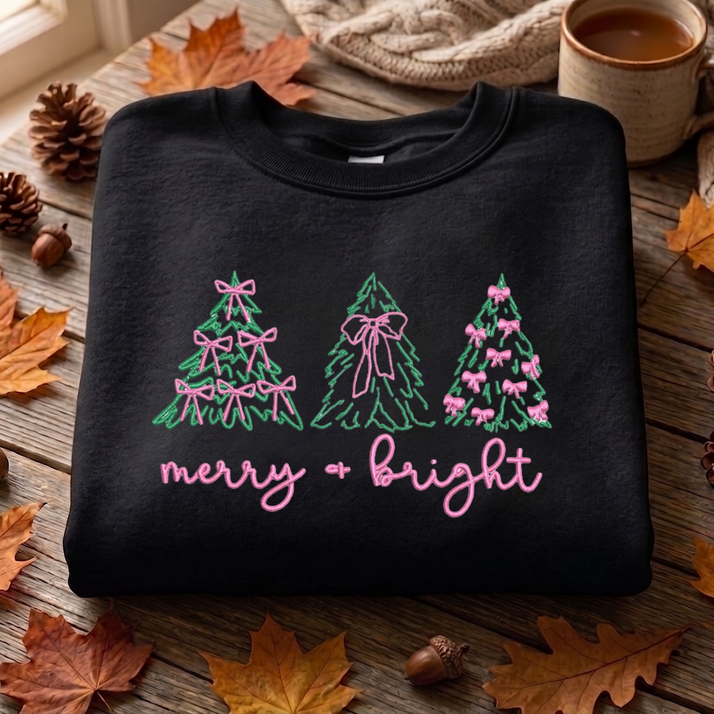 Christmas Tree Embroidered Sweatshirt, Merry And Bright Sweatshirt, Winter Embroidered T Shirt, Sweatshirt For Woman Gift.