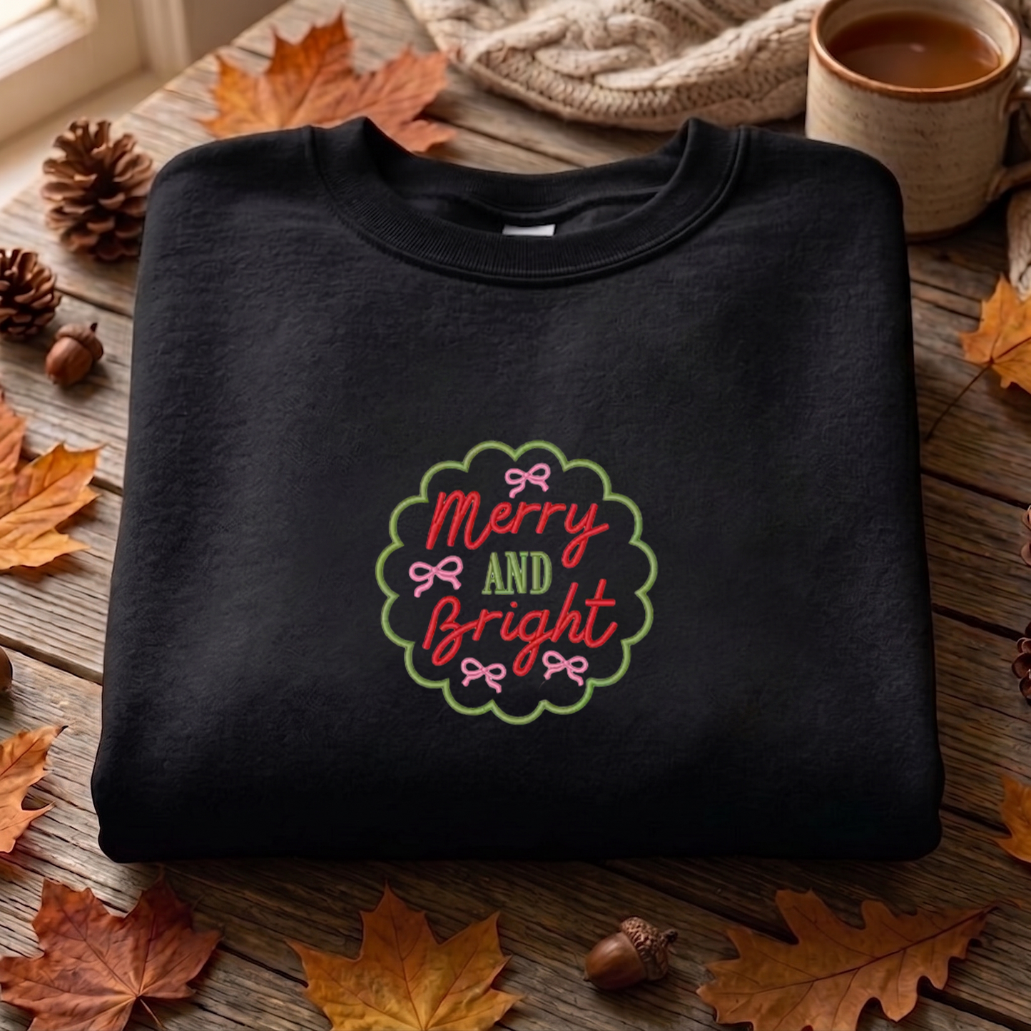 Bow Merry And Bright Embroidered Sweatshirt, Christmas Tree Sweatshirt, Winter Embroidered T Shirt, Sweatshirt For Woman Gift.