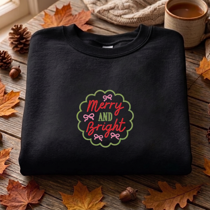 Bow Merry And Bright Embroidered Sweatshirt, Christmas Tree Sweatshirt, Winter Embroidered T Shirt, Sweatshirt For Woman Gift.