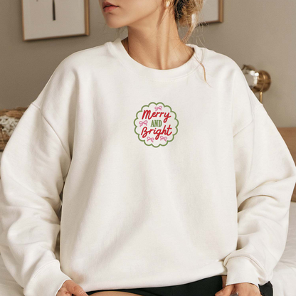 Bow Merry And Bright Embroidered Sweatshirt, Christmas Tree Sweatshirt, Winter Embroidered T Shirt, Sweatshirt For Woman Gift.