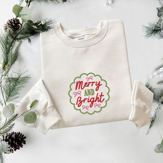 Bow Merry And Bright Embroidered Sweatshirt, Christmas Tree Sweatshirt, Winter Embroidered T Shirt, Sweatshirt For Woman Gift.