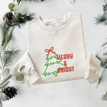 Merry And Bright Applique Embroidered Sweatshirt, Christmas Tree Sweatshirt, Winter Embroidered T Shirt, Sweatshirt For Woman Gift. (Copy)