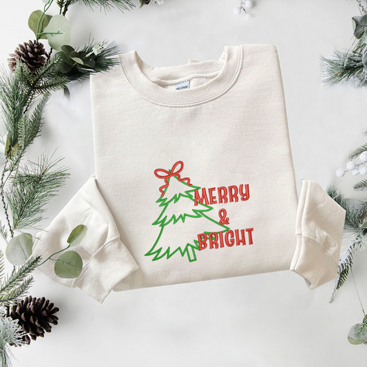 Merry And Bright Applique Embroidered Sweatshirt, Christmas Tree Sweatshirt, Winter Embroidered T Shirt, Sweatshirt For Woman Gift. (Copy)