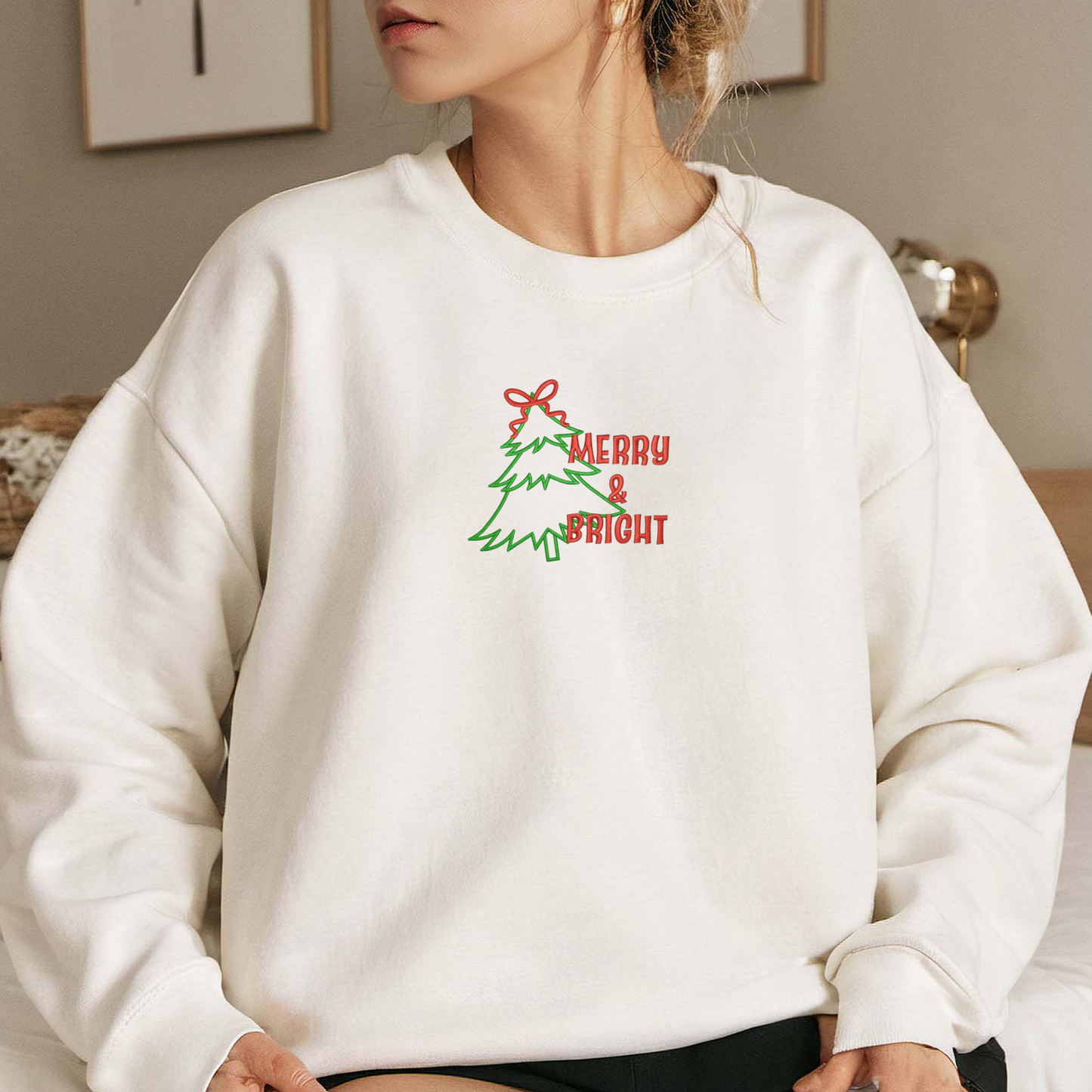 Merry And Bright Applique Embroidered Sweatshirt, Christmas Tree Sweatshirt, Winter Embroidered T Shirt, Sweatshirt For Woman Gift. (Copy)