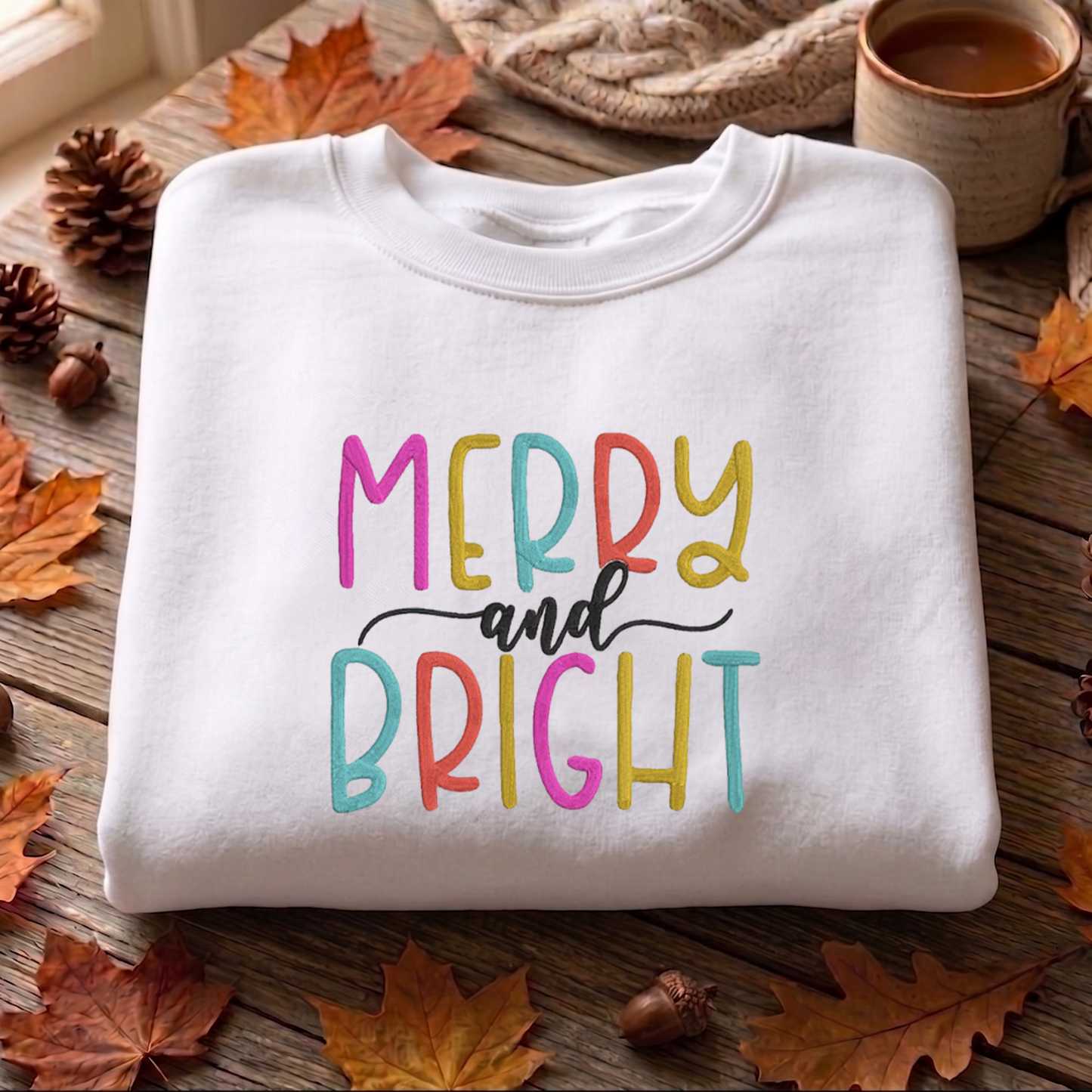 Merry And Bright Embroidered Sweatshirt, Christmas Sweatshirt, Winter Embroidered T Shirt, Sweatshirt For Woman Gift.