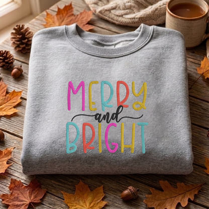 Merry And Bright Embroidered Sweatshirt, Christmas Sweatshirt, Winter Embroidered T Shirt, Sweatshirt For Woman Gift.