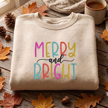 Merry And Bright Embroidered Sweatshirt, Christmas Sweatshirt, Winter Embroidered T Shirt, Sweatshirt For Woman Gift.