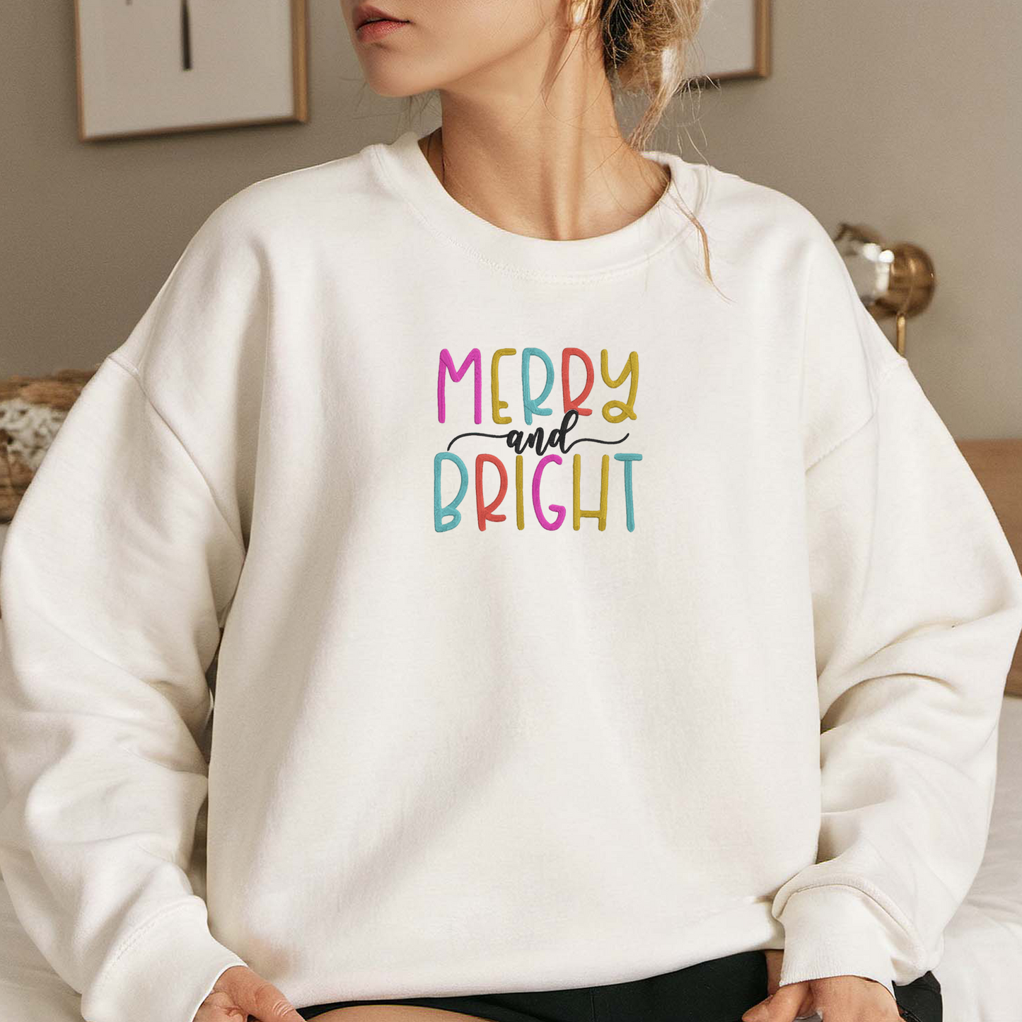 Merry And Bright Embroidered Sweatshirt, Christmas Sweatshirt, Winter Embroidered T Shirt, Sweatshirt For Woman Gift.