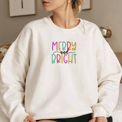 Merry And Bright Embroidered Sweatshirt, Christmas Sweatshirt, Winter Embroidered T Shirt, Sweatshirt For Woman Gift.