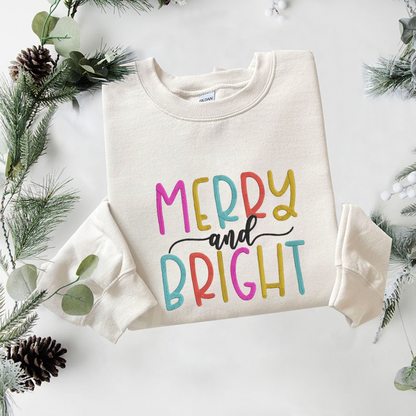 Merry And Bright Embroidered Sweatshirt, Christmas Sweatshirt, Winter Embroidered T Shirt, Sweatshirt For Woman Gift.
