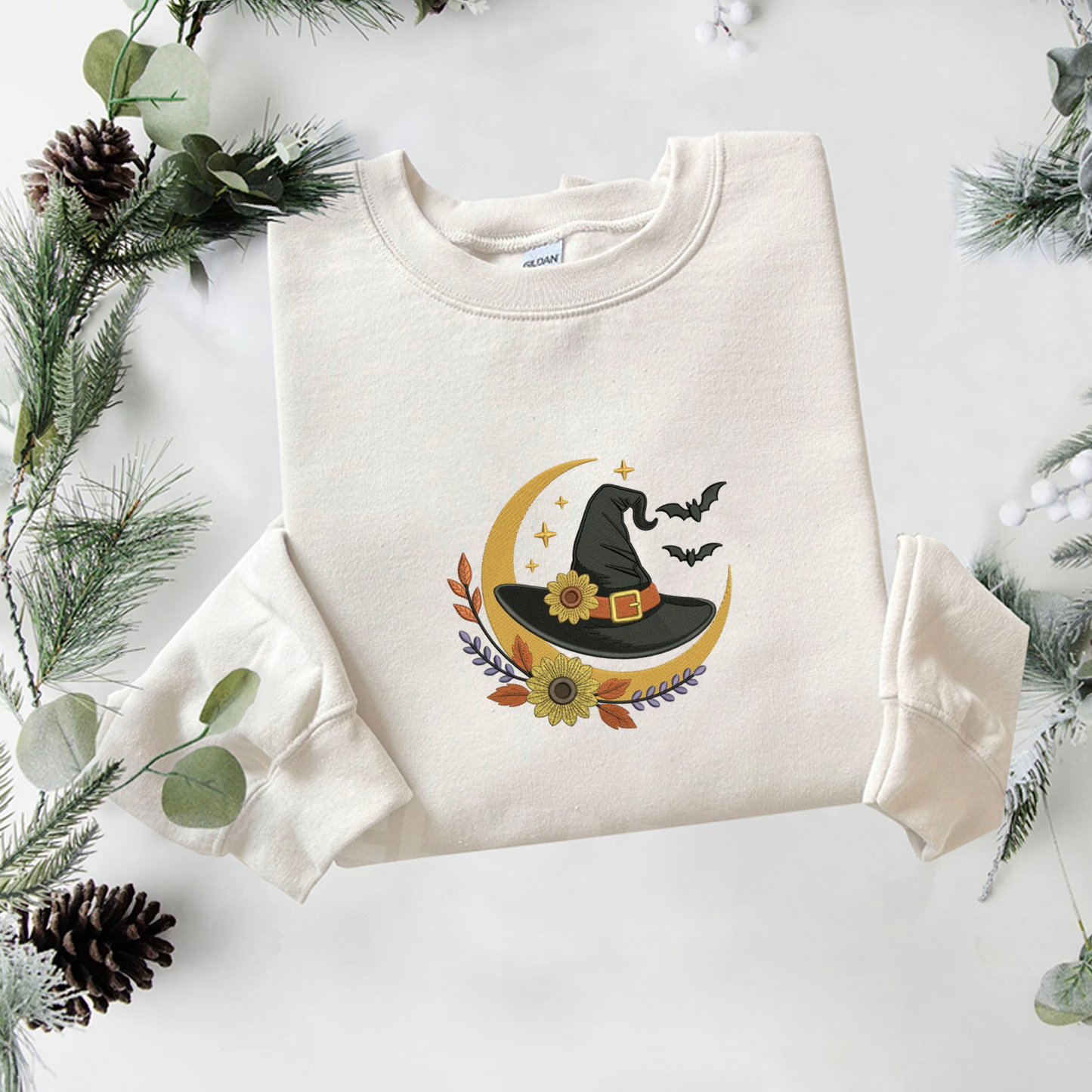 Floral Witch Hat Embroidered Sweatshirt, Halloween Sweatshirt, Fall Embroidered T Shirt, Sweatshirt For Woman Gift.