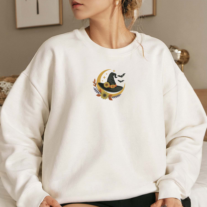 Floral Witch Hat Embroidered Sweatshirt, Halloween Sweatshirt, Fall Embroidered T Shirt, Sweatshirt For Woman Gift.