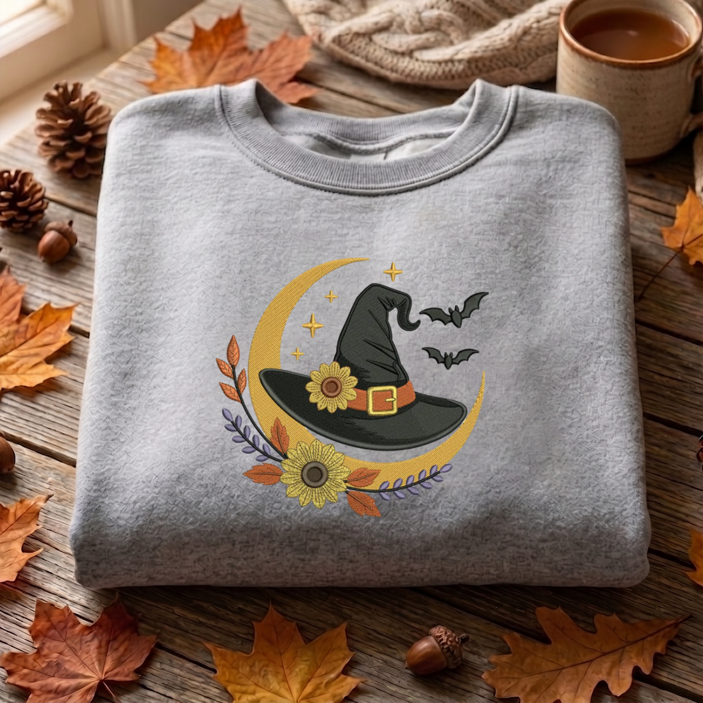 Floral Witch Hat Embroidered Sweatshirt, Halloween Sweatshirt, Fall Embroidered T Shirt, Sweatshirt For Woman Gift.