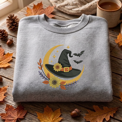 Floral Witch Hat Embroidered Sweatshirt, Halloween Sweatshirt, Fall Embroidered T Shirt, Sweatshirt For Woman Gift.