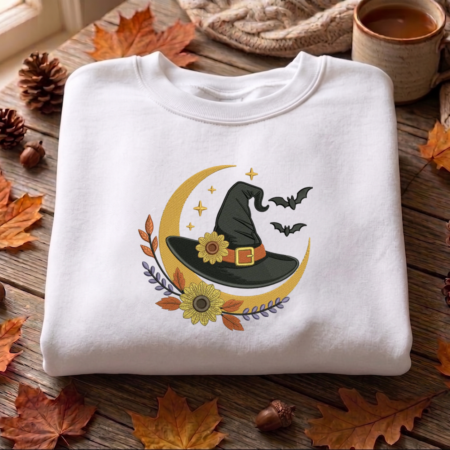 Floral Witch Hat Embroidered Sweatshirt, Halloween Sweatshirt, Fall Embroidered T Shirt, Sweatshirt For Woman Gift.