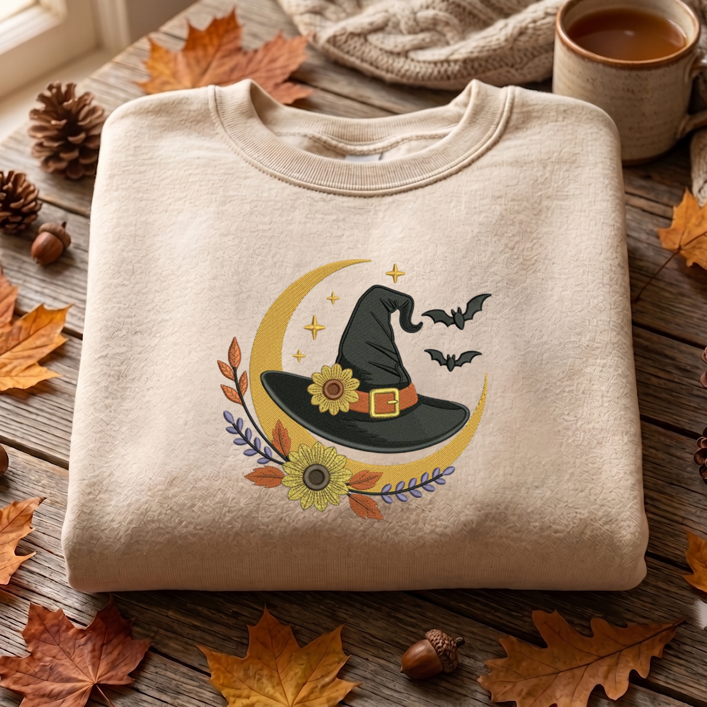 Floral Witch Hat Embroidered Sweatshirt, Halloween Sweatshirt, Fall Embroidered T Shirt, Sweatshirt For Woman Gift.