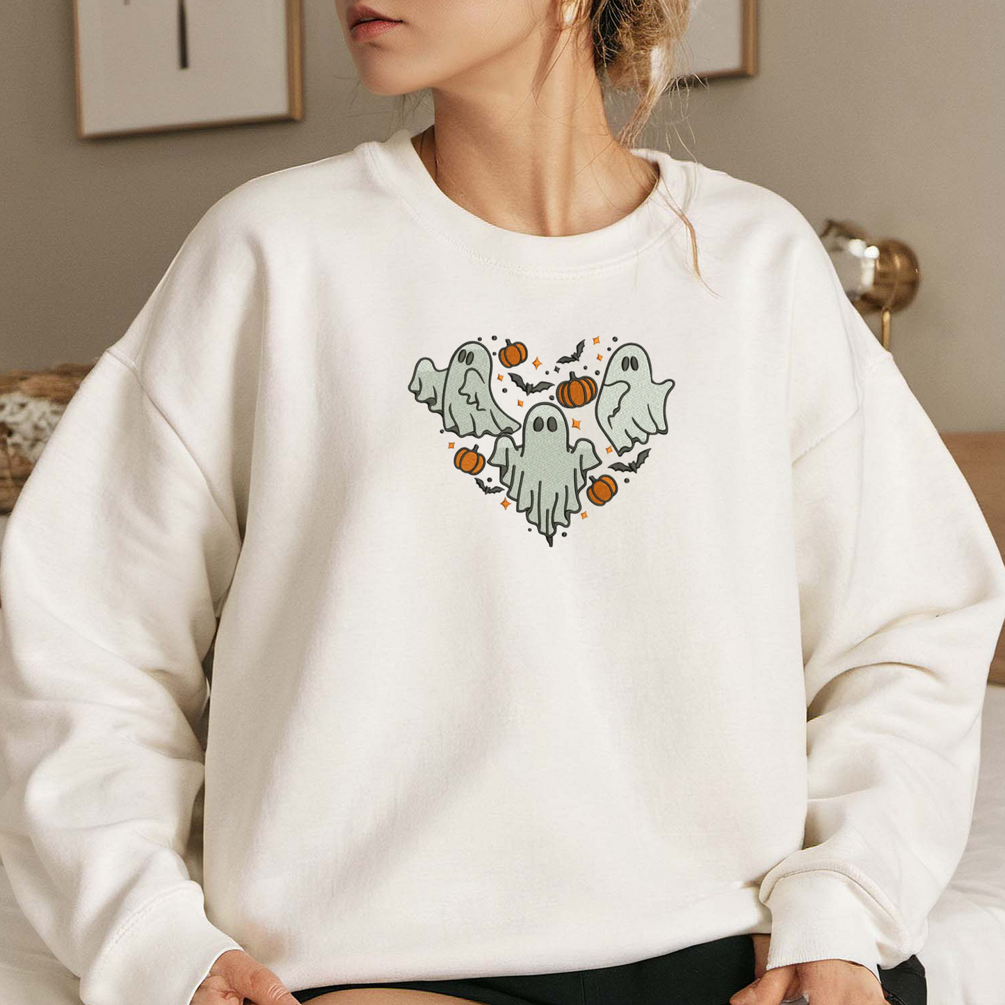 Ghost Embroidered Sweatshirt, Halloween Sweatshirt, Fall Embroidered T Shirt, Sweatshirt For Woman Gift.