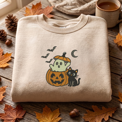 Ghost Cat Embroidered Sweatshirt, Halloween Sweatshirt, Fall Embroidered T Shirt, Sweatshirt For Woman Gift. (Copy)