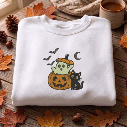 Ghost Cat Embroidered Sweatshirt, Halloween Sweatshirt, Fall Embroidered T Shirt, Sweatshirt For Woman Gift. (Copy)