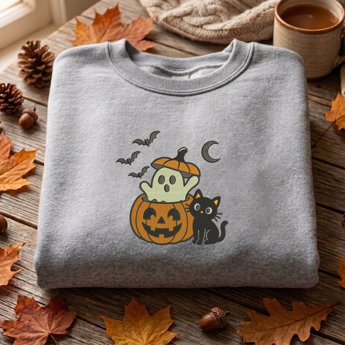 Ghost Cat Embroidered Sweatshirt, Halloween Sweatshirt, Fall Embroidered T Shirt, Sweatshirt For Woman Gift. (Copy)