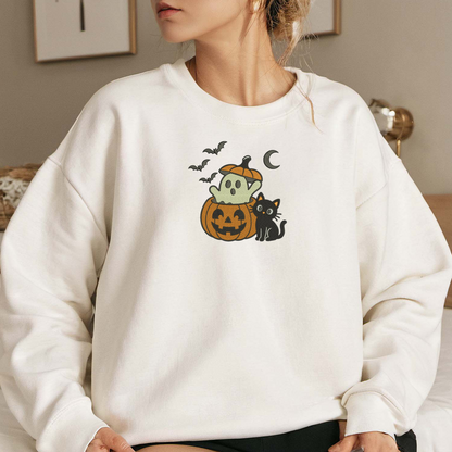 Ghost Cat Embroidered Sweatshirt, Halloween Sweatshirt, Fall Embroidered T Shirt, Sweatshirt For Woman Gift. (Copy)