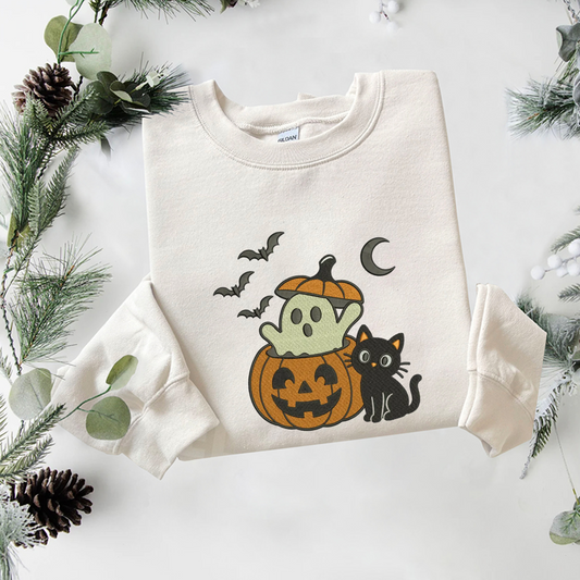 Ghost Cat Embroidered Sweatshirt, Halloween Sweatshirt, Fall Embroidered T Shirt, Sweatshirt For Woman Gift. (Copy)