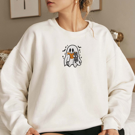 Ghost Book Reader Embroidered Sweatshirt, Halloween Sweatshirt, Fall Embroidered T Shirt, Sweatshirt For Woman Gift.