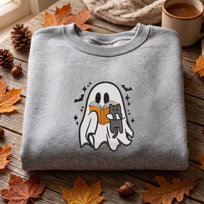 Ghost Book Reader Embroidered Sweatshirt, Halloween Sweatshirt, Fall Embroidered T Shirt, Sweatshirt For Woman Gift.