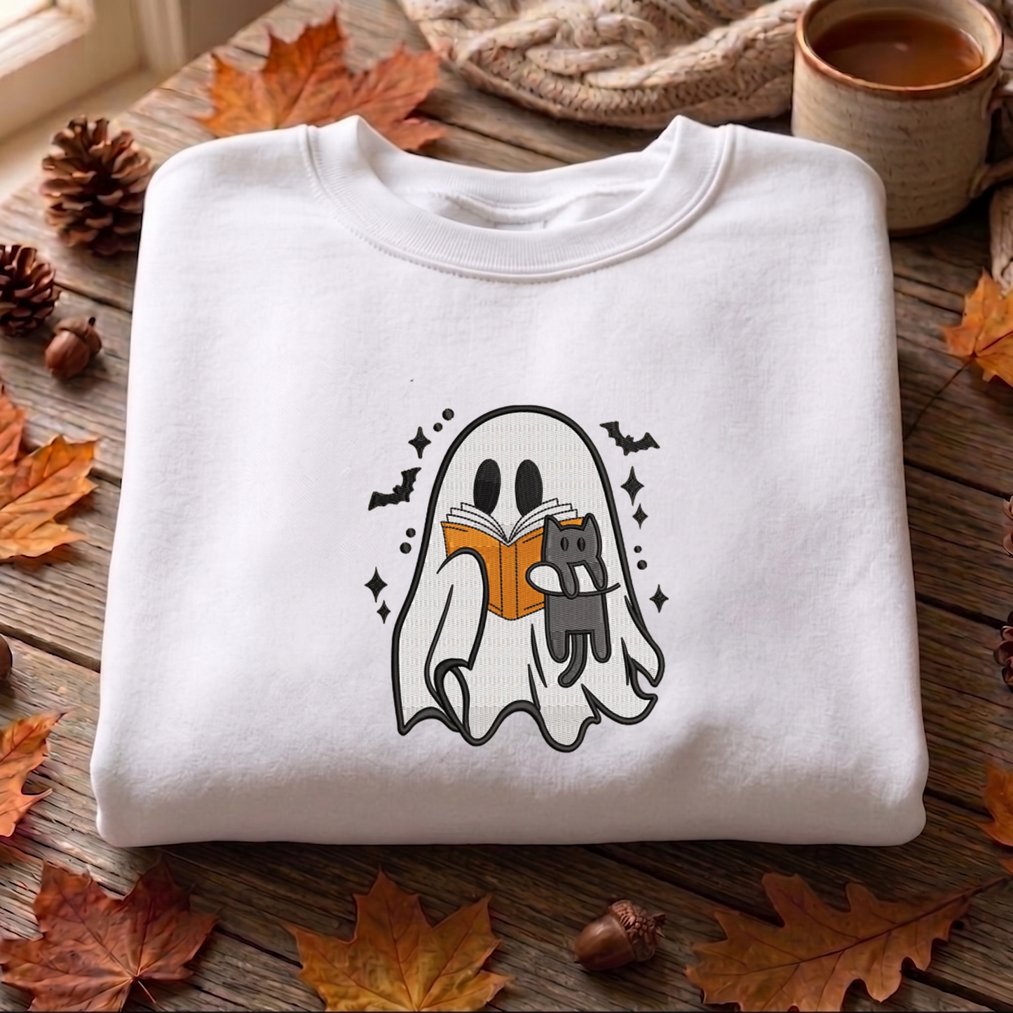 Ghost Book Reader Embroidered Sweatshirt, Halloween Sweatshirt, Fall Embroidered T Shirt, Sweatshirt For Woman Gift.