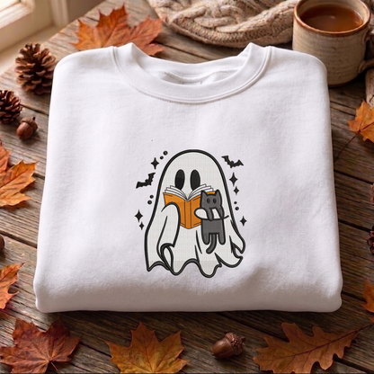 Ghost Book Reader Embroidered Sweatshirt, Halloween Sweatshirt, Fall Embroidered T Shirt, Sweatshirt For Woman Gift.