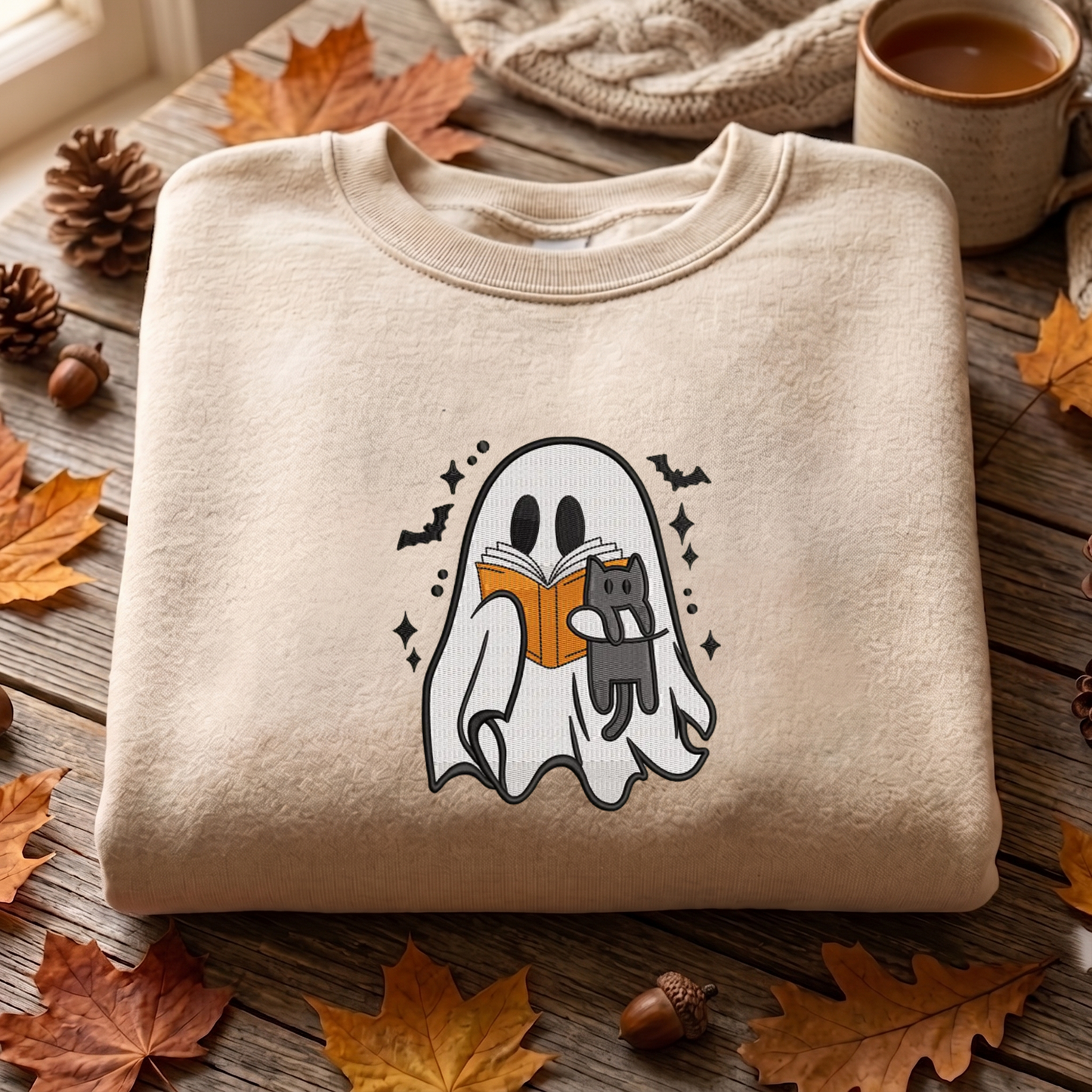 Ghost Book Reader Embroidered Sweatshirt, Halloween Sweatshirt, Fall Embroidered T Shirt, Sweatshirt For Woman Gift.