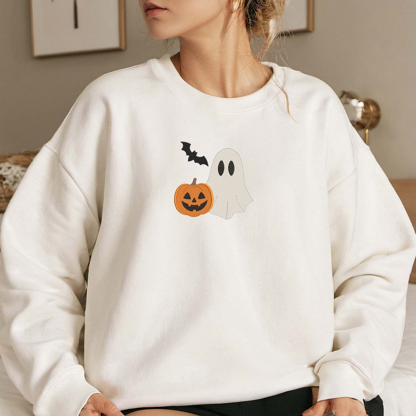 Ghost Bats Embroidered Sweatshirt, Halloween Sweatshirt, Fall Embroidered T Shirt, Sweatshirt For Woman Gift.