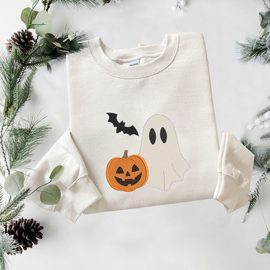 Ghost Bats Embroidered Sweatshirt, Halloween Sweatshirt, Fall Embroidered T Shirt, Sweatshirt For Woman Gift.
