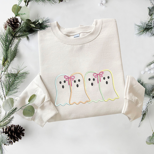 Ghost Bow Applique Embroidered Sweatshirt, Halloween Sweatshirt, Fall Embroidered T Shirt, Sweatshirt For Woman Gift.