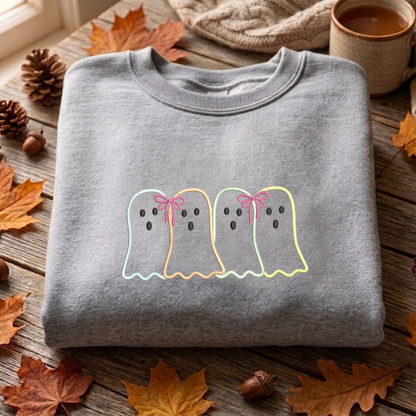 Ghost Bow Applique Embroidered Sweatshirt, Halloween Sweatshirt, Fall Embroidered T Shirt, Sweatshirt For Woman Gift.