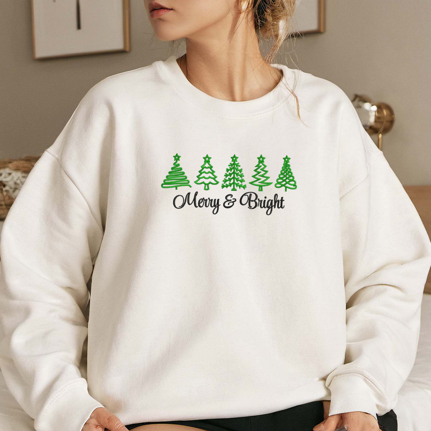 Merry Bright Embroidered Sweatshirt, Christmas Trees Sweatshirt,  Merry Embroidered T Shirt, Sweatshirt For Woman Gift.