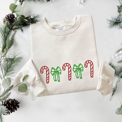 Merry Christmas Bow Line Embroidered Sweatshirt, Christmas Candy Cane Sweatshirt, Xams Embroidered T Shirt, Sweatshirt For Woman Gift.