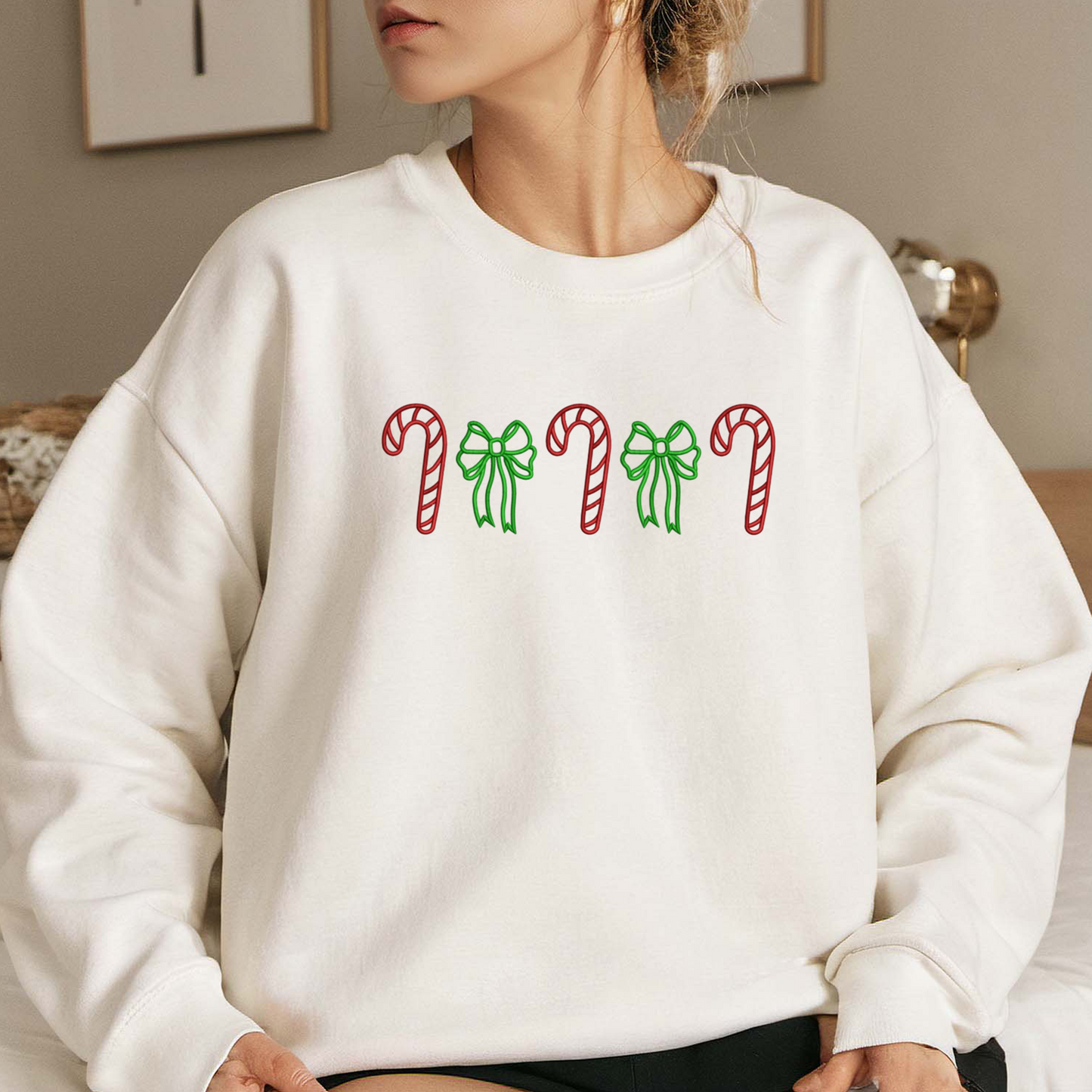 Merry Christmas Bow Line Embroidered Sweatshirt, Christmas Candy Cane Sweatshirt, Xams Embroidered T Shirt, Sweatshirt For Woman Gift.