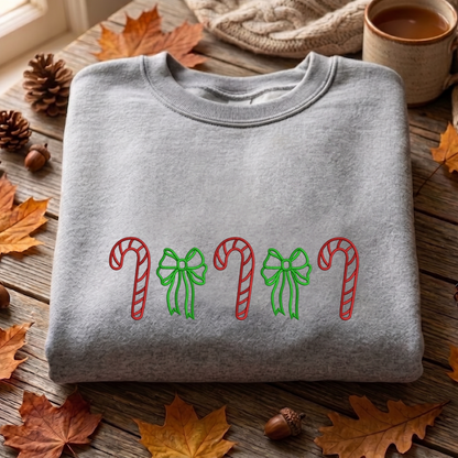 Merry Christmas Bow Line Embroidered Sweatshirt, Christmas Candy Cane Sweatshirt, Xams Embroidered T Shirt, Sweatshirt For Woman Gift.