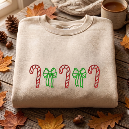 Merry Christmas Bow Line Embroidered Sweatshirt, Christmas Candy Cane Sweatshirt, Xams Embroidered T Shirt, Sweatshirt For Woman Gift.