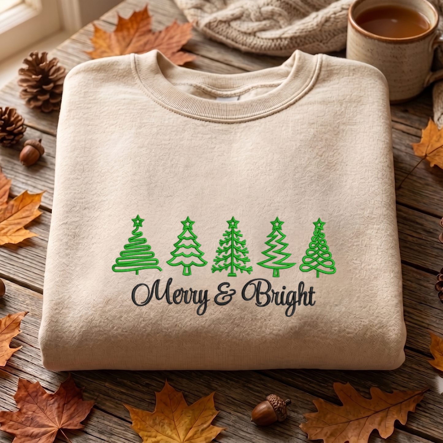 Merry Bright Embroidered Sweatshirt, Christmas Trees Sweatshirt,  Merry Embroidered T Shirt, Sweatshirt For Woman Gift.