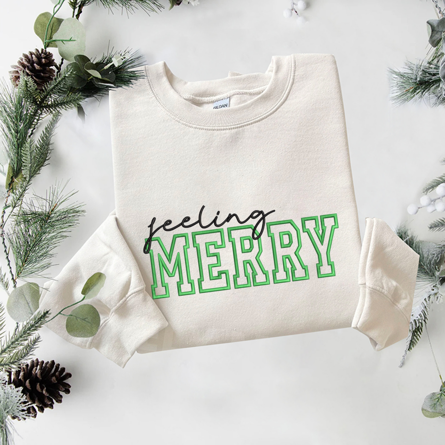 Feeling Merry Embroidered Sweatshirt, Christmas Candy Cane Sweatshirt, Xams Embroidered T Shirt, Sweatshirt For Woman Gift. (Copy)